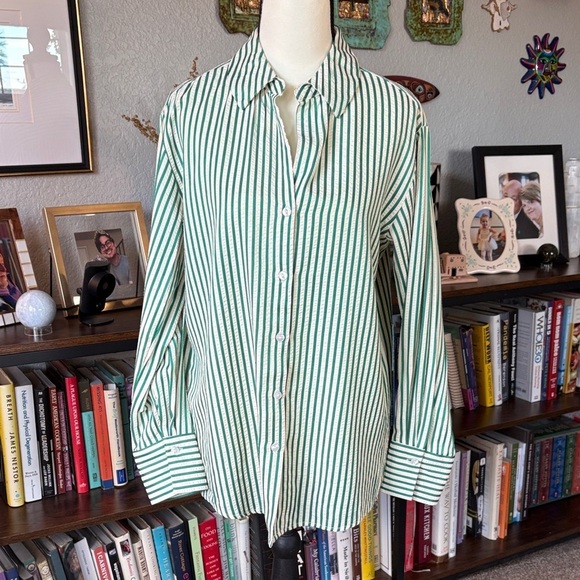 Blenca Tops - Blenca S Green and‎ Cream Striped Women's Button-Down Shirt